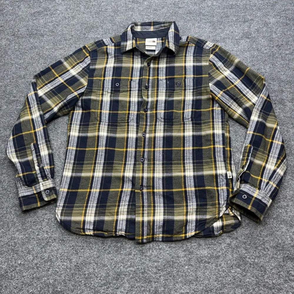 The North Face Mens Plaid Button Down Shirt Olive Green Navy Yellow Small